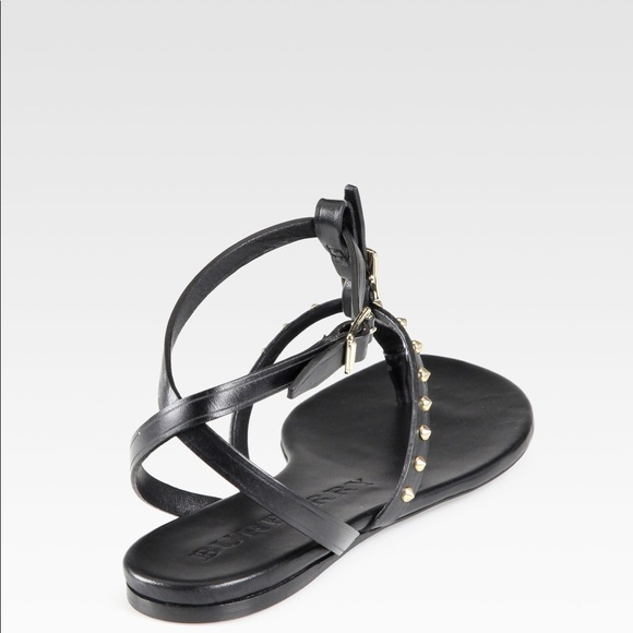 Burberry Black T Strap Studded Flat Sandals - Picture 2 of 7